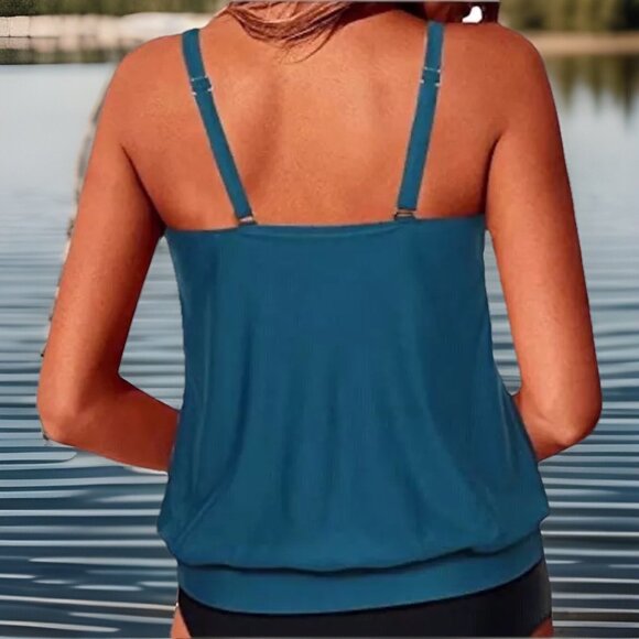 Yonique Women XL Blue Tankini Top Swimwear Loose Fit Full Coverage Adjustable - Picture 3 of 6